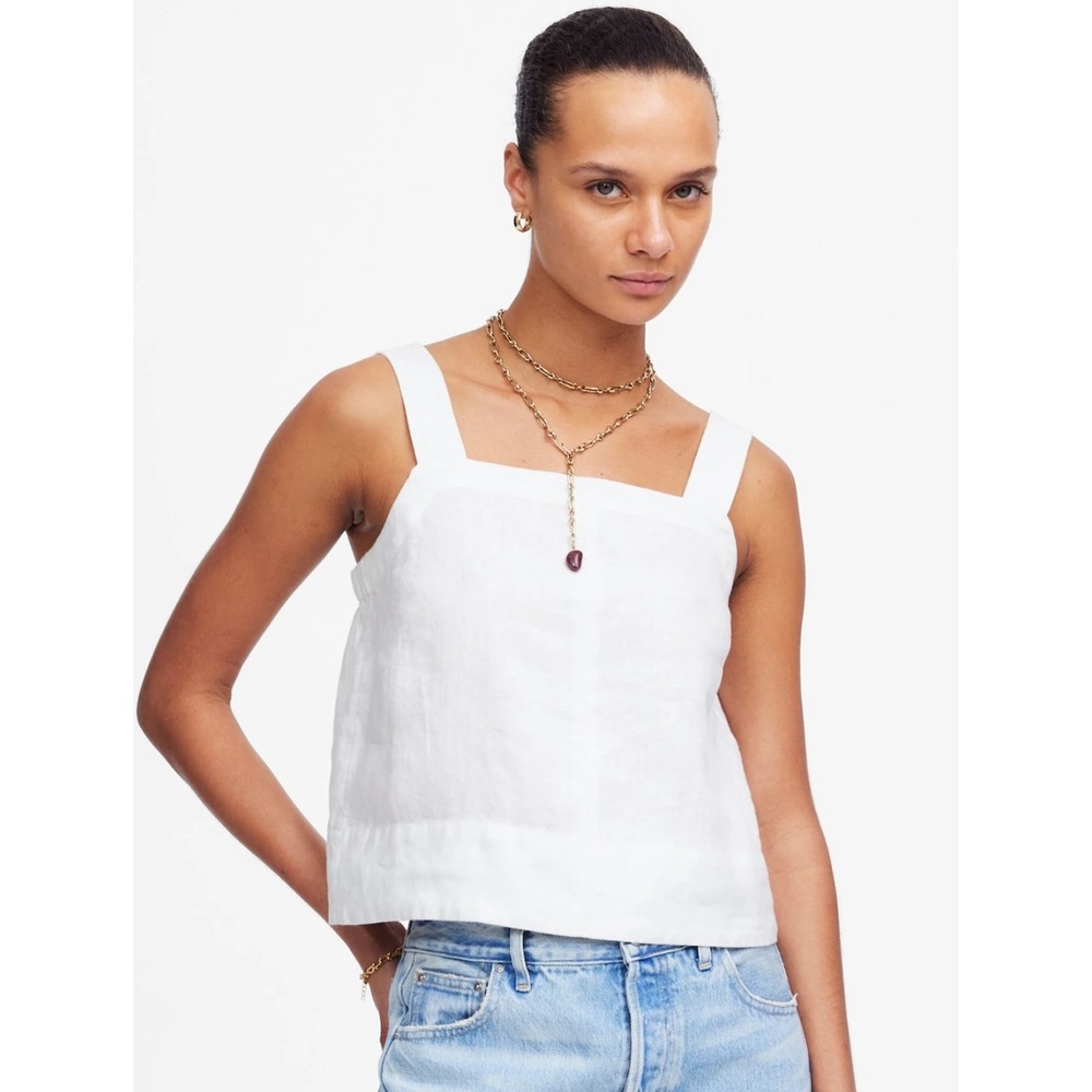 Madewell Large Contrast-Stitch Squareneck Top 100% Linen Minimalist Boxy Boho